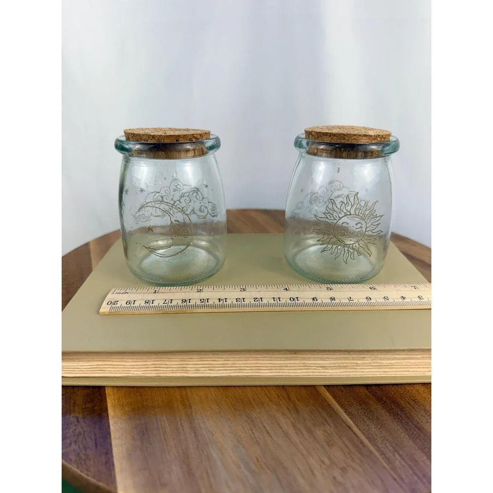 Set of 2 Hand Etched Celestial Glass Jars Cork Lids Sun Moon Apothecary Bottles